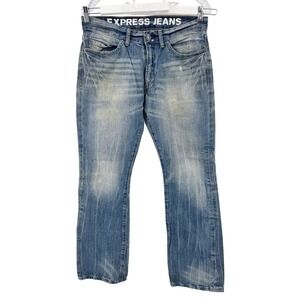 Express Jeans Slim Bootcut Mens 32x32 Light Blue Rocco Distressed Whiskered